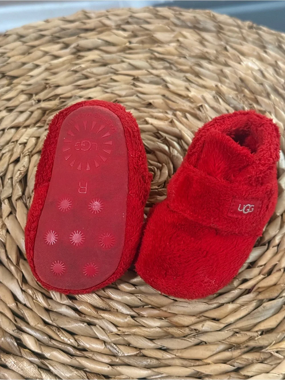 UGG Red Plush Baby Booties with Hook-and-Loop Strap